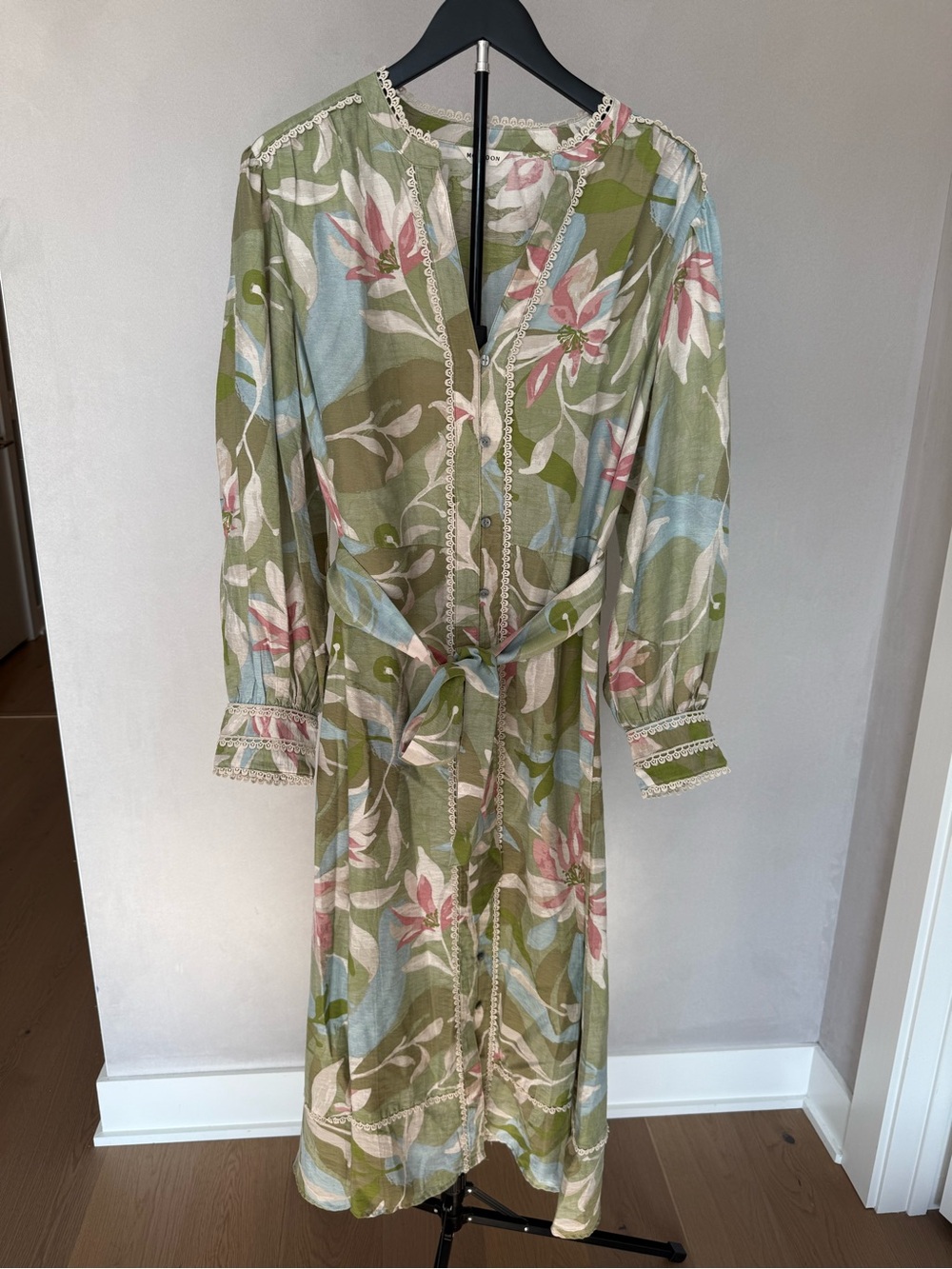 Monsoon Olive Green Floral Lace-Trim Dress with Pastel Accents